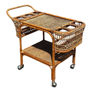1930s Restored Art Deco Stick Rattan Two-Tier Bar Cart W/ Woven WickerTops