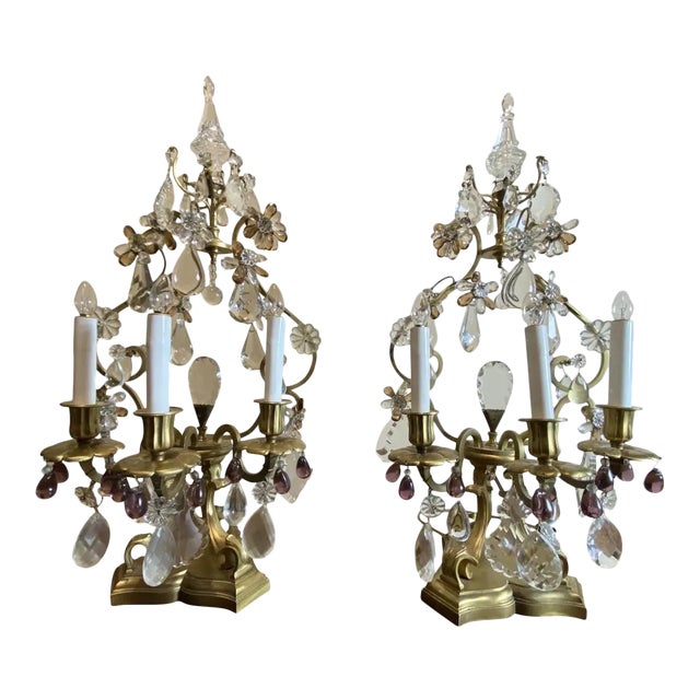 French Girandoles With Crystals and Amethyst Drops - a Pair For Sale