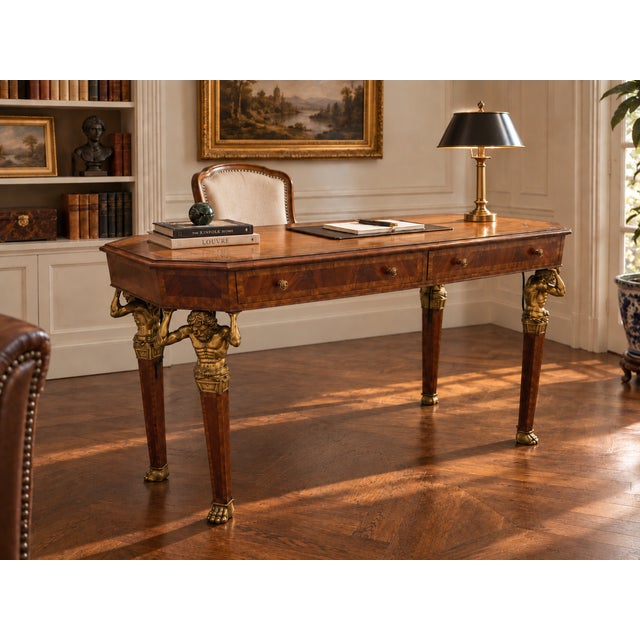 A striking vintage writing desk by Maitland-Smith, retaining its original brass maker’s plaque. The desk combines richly...