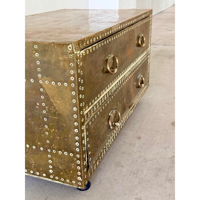Sarreid Ltd. Vintage Attributed to Sarried Spanish Brass Clad Campaign Chest 2 Drawer. For Sale - Image 4 of 8