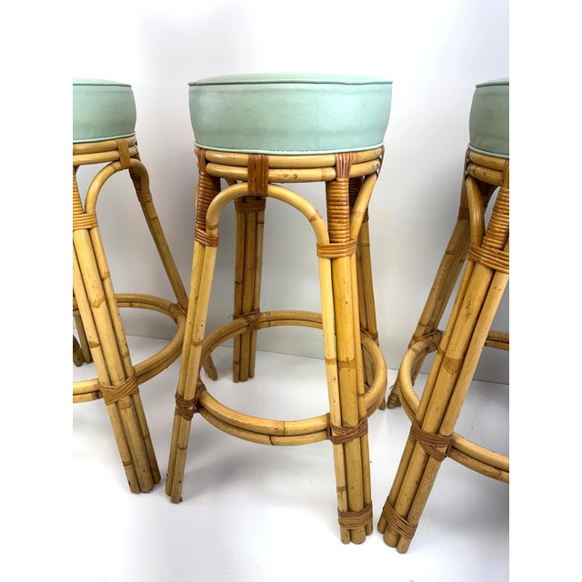 1960s Set of 4 Mid Century Cal-Asia Rattan Bar Stools With Mint Green Upholstered Seats For Sale In Little Rock - Image 6 of 8