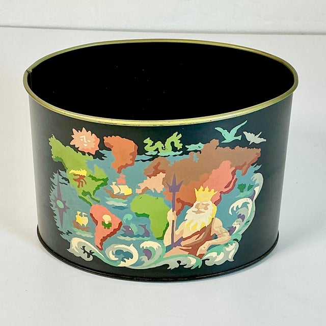 Mediterranean 1970s Vintage Boho Chic Coastal Tole Neptune Undersea Motif Metal Planter For Sale - Image 3 of 12