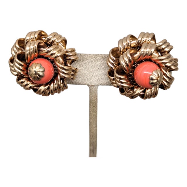 Vintage 1960s Signed Napier Goldtone Faux-Coral Clip Earrings-2 Pieces For Sale