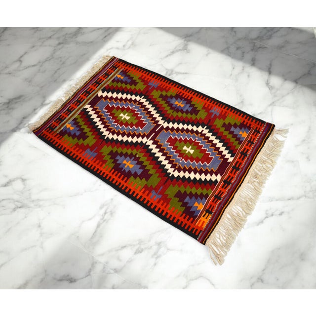Hollywood Regency 1950s Turkish Rug Antalya Barak Handmade Colorful Kilim Rug - 2′6″ × 3′10″ For Sale - Image 3 of 12