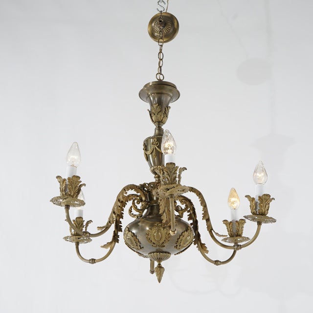 Oversized Louis XV Style Brass & Bronze 6-Light Chandelier Circa 1940 For Sale - Image 9 of 9