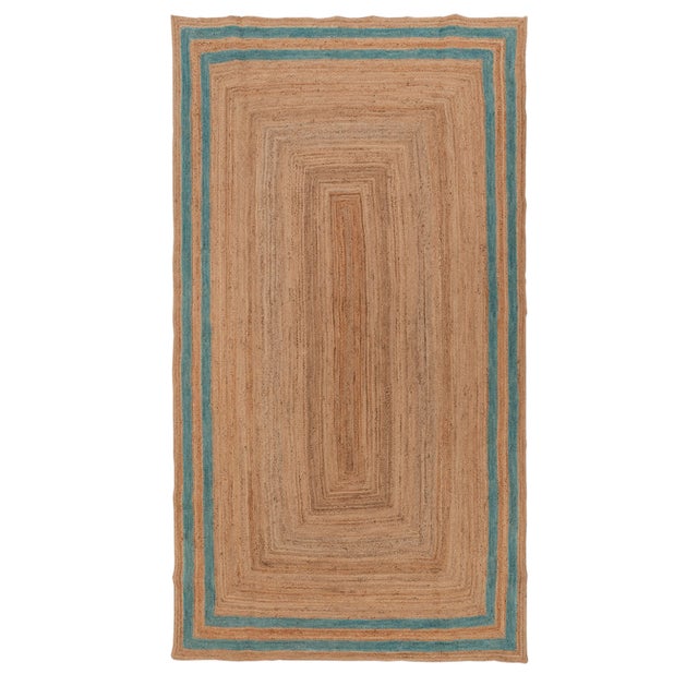 Turquoise Blue Double Border Rectangle Jute Handmade Rug 6'x9' Ft. For Sale - Image 13 of 13