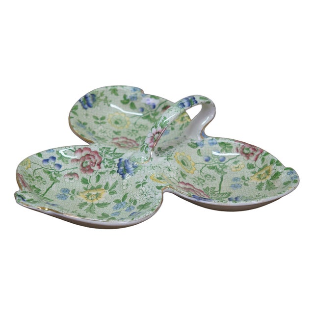 Antique Deans Burslem Dresden Green Chintz Divided Clover Dish 13" For Sale