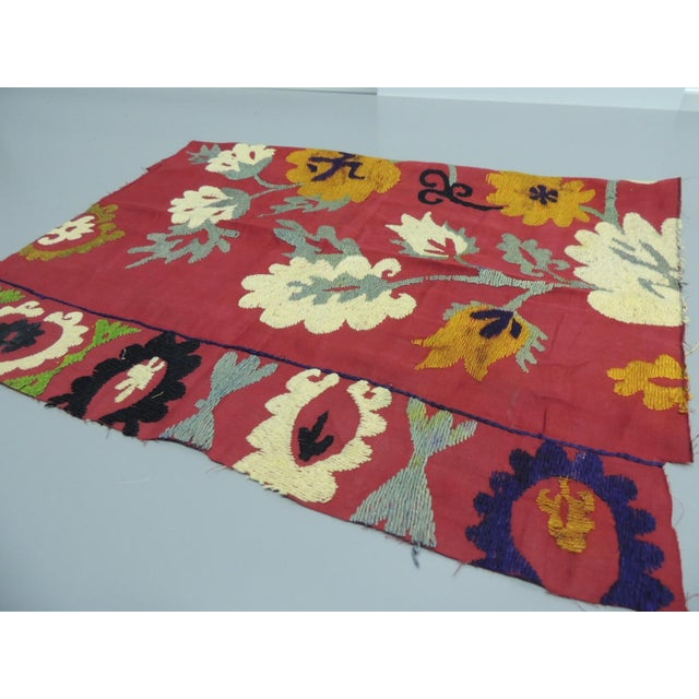 Vintage Red and Yellow Suzani Embroidered Textile Fragment Floral pattern, cotton Size: 16"h X 20"w Ideal for a pillow.