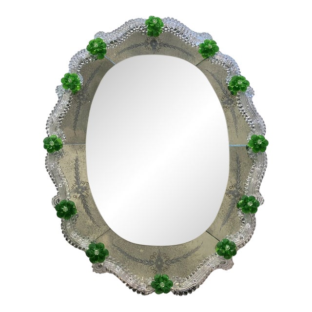 Venetian Murano Glass Oval Floral Wall Mirror – Hand-Carved Italian Art For Sale