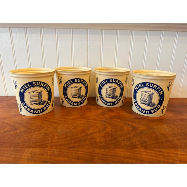 1970s French "Miel Surfin" Wax-Coated Honey Pots – Set of 4 – New Old Stock – Blue & Cream Beehive Containers For Sale - Image 10 of 13