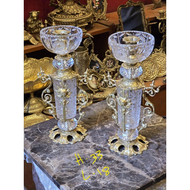 French Decorative Brass and Crystal Candle Holder for Luxury Homes Set of 2 French Style For Sale - Image 3 of 6