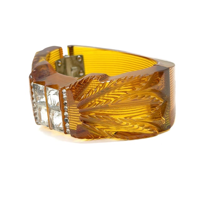 Vintage Art Deco Carved Bakelite and Paste Hinged Cuff, 1930s For Sale - Image 10 of 14