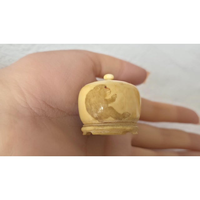 Bone Rare Japanese Meiji Ivory Three-Piece Set With Monkeys For Sale - Image 7 of 13