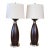 Pair of Contemporary Espresso Wood Hourglass Lamps With Brushed Nickel Accents and Linen Shades For Sale
