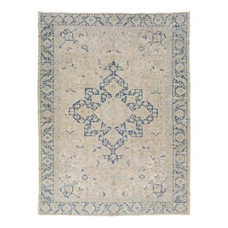 Antique Persian Serapi Beige and Blue Wool Rug Featuring a Medallion Design For Sale