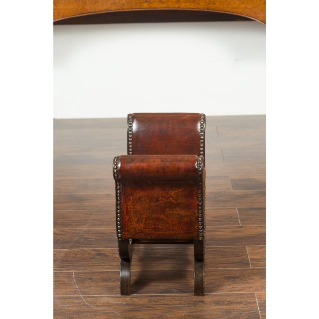 English Petite English 1920s X-Form Leather Stool with Out-Scrolling Arms and Nailheads For Sale - Image 3 of 11
