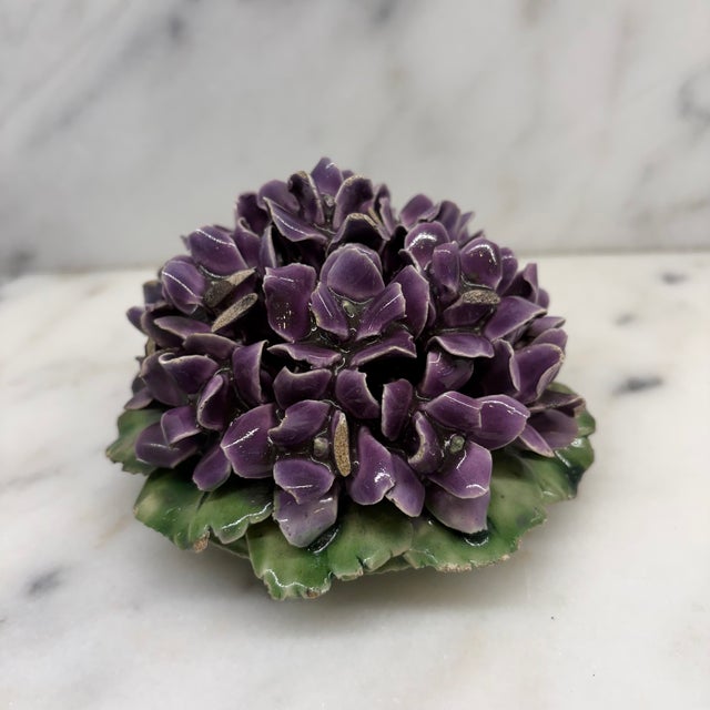 French Antique French Purple Violet Porcelain Flower Bouquet With Green Leaves For Sale - Image 3 of 6