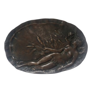 Antique Art Nouveau Sand-Cast Bronze Trinket Tray Featuring Nude Naiad and Putto, 1890s For Sale