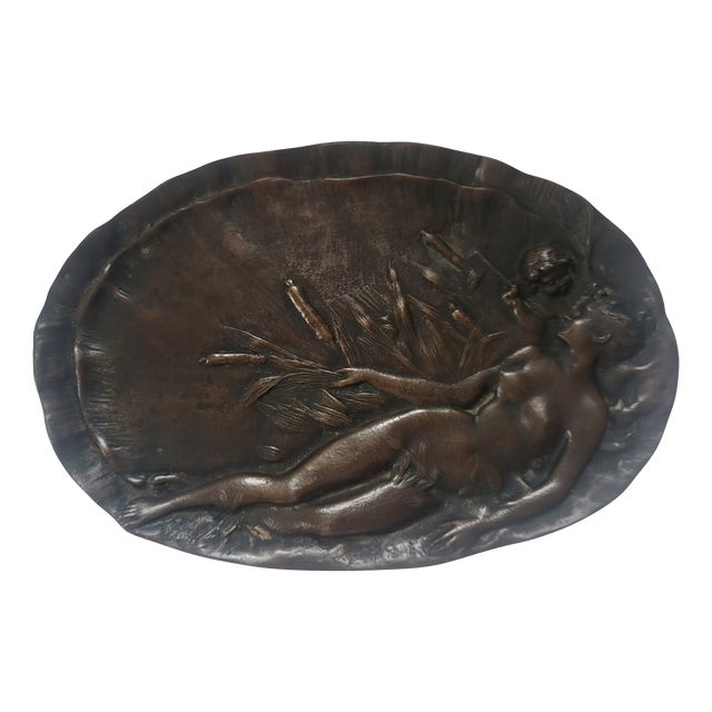 Antique Art Nouveau Sand-Cast Bronze Trinket Tray Featuring Nude Naiad and Putto, 1890s For Sale