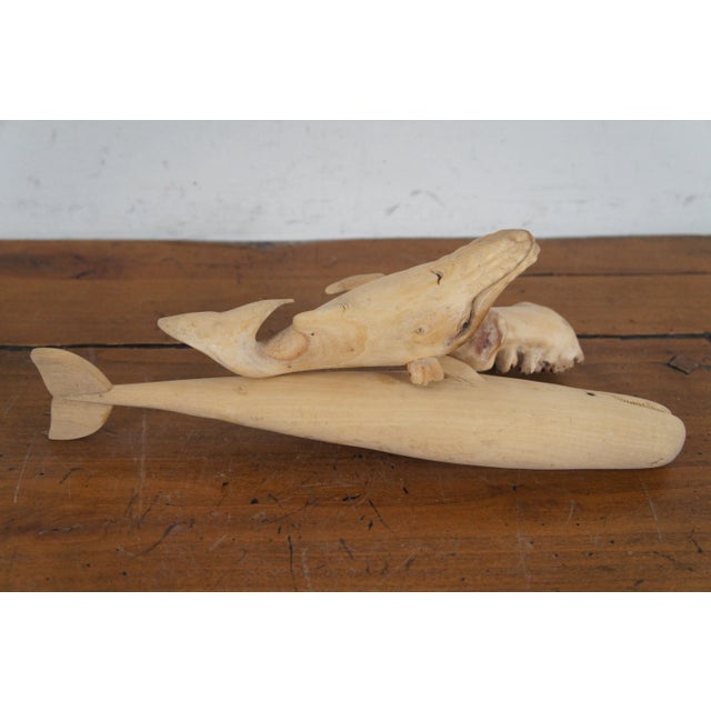 Wood Vintage Hand Carved Teak Humpback & Sperm Whale Statues Sculpture Figruines- Set of 2 For Sale - Image 7 of 12