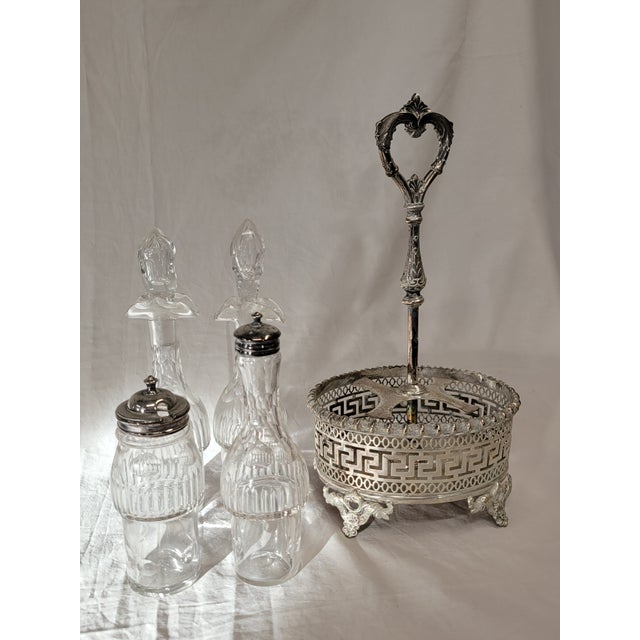 Neoclassical Antique Silverplate and Crystal Four Bottle Cruet Set For Sale - Image 3 of 11