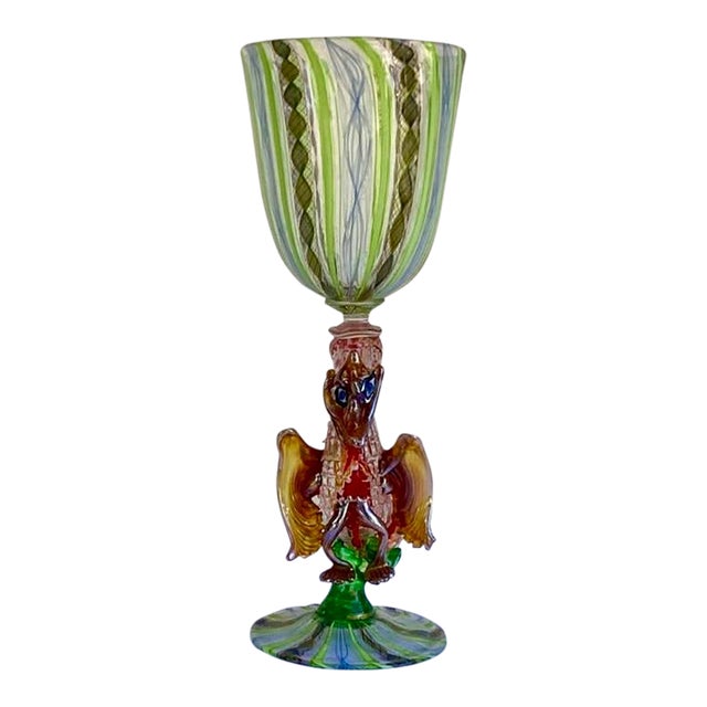 Vintage Murano Italian Swirl Art Glass Figural Goblet With Winged Creature Stem For Sale