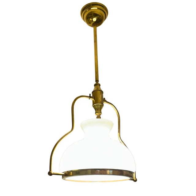 Mid-Century French Brass and Opaline Glass Pendant Light, 1950s For Sale - Image 4 of 8