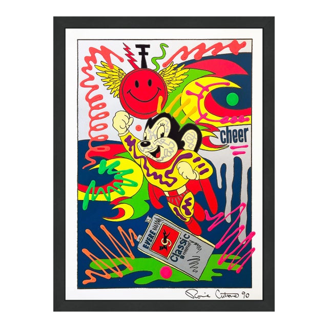 Ronnie Cutrone, Mighty Mouse, Large Unique Acrylic Paint on Serigraph, 44x34 In. Framed, 1989 For Sale