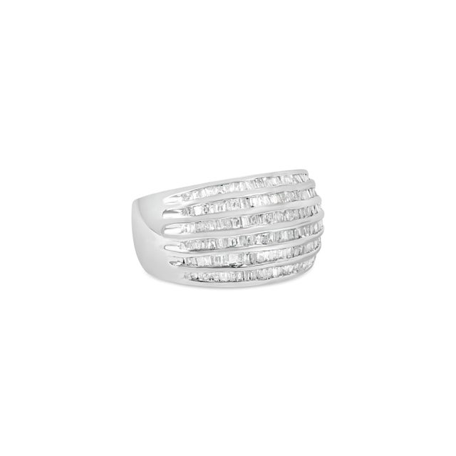Contemporary .925 Sterling Silver 1.0 Cttw Baguette-Cut Diamond 6-Row Channel Set Domed Tapered Cocktail Fashion Ring (H-I Color, I2-I3 Clarity) - Size 7.25 For Sale - Image 3 of 7