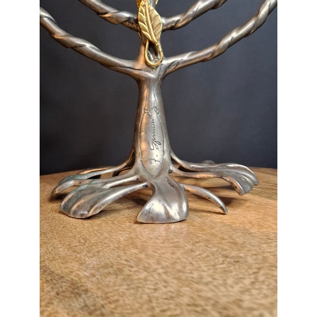 VTG Fred Spinowitz Tree of Life Menorah Signed Judaica Silver Tone Brass Leaves For Sale - Image 12 of 18