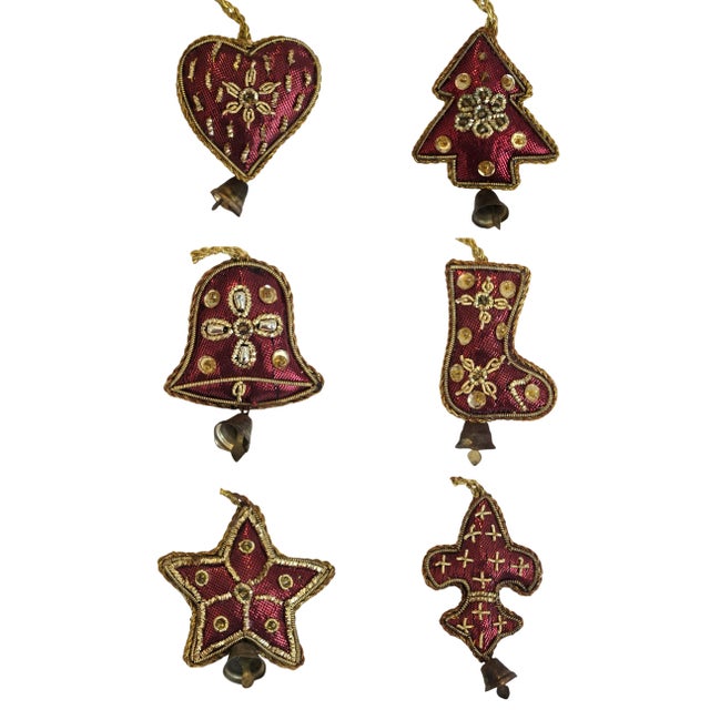 Indian Royal Collection | Mini Zardozi Embroidered Christmas Ornaments With Bells - Set of 6 For Sale - Image 3 of 4