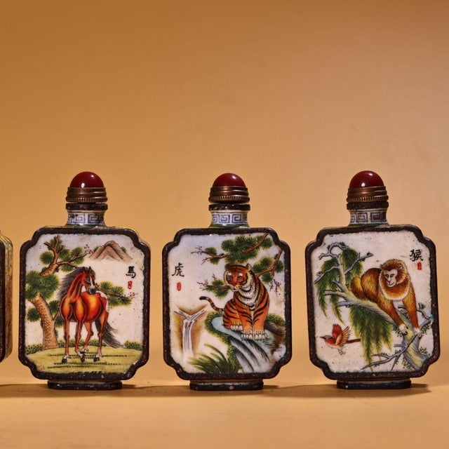 Yellow Set of 6 Antique Cloisonné Enamel Zodiac Snuff Bottles, 480g Total, 12 Designs For Sale - Image 8 of 10
