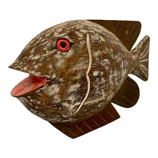 Late 20th Century Fish Sculpture Large Hand Carved Figurine Wood Vintage Coastal Decor For Sale