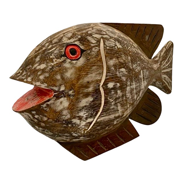 Late 20th Century Fish Sculpture Large Hand Carved Figurine Wood Vintage Coastal Decor For Sale
