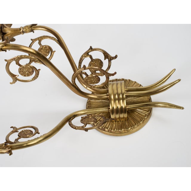 Spanish Revival 1950s Spanish French Neoclassical Cast Brass 3-Light Wall Sconce With Floral Rosettes For Sale - Image 3 of 12