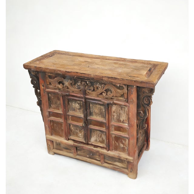 Chinese Antique Carved Elm Cabinet For Sale - Image 3 of 5