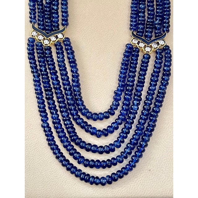 Blue 1000 Ct Natural Tanzanite Bead Five Strand Necklace + 4.5 Ct Diamond 14 K Y Gold For Sale - Image 8 of 18