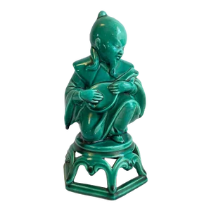 Japanese Figural Man Musician Statue Teal Green Glaze Signed Italy