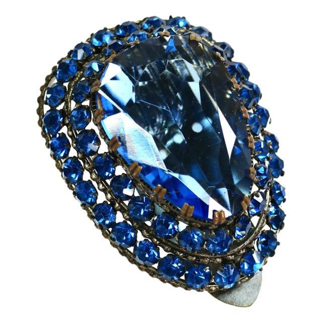 Vintage Art Deco Czech Sapphire Crystal Brooch Clip 1930s For Sale