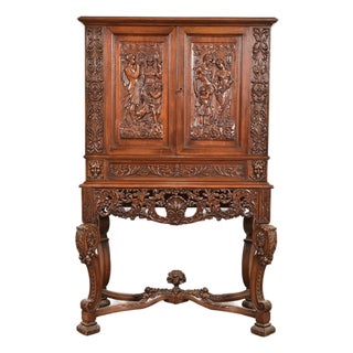 Antique French Renaissance Revival Carved Walnut Bookcase or Bar Cabinet, Circa 1890s For Sale