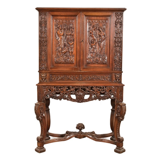 Antique French Renaissance Revival Carved Walnut Bookcase or Bar Cabinet, Circa 1890s For Sale