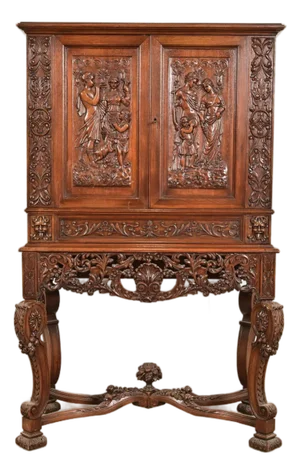 Antique French Renaissance Revival Carved Walnut Bookcase or Bar Cabinet, Circa 1890s