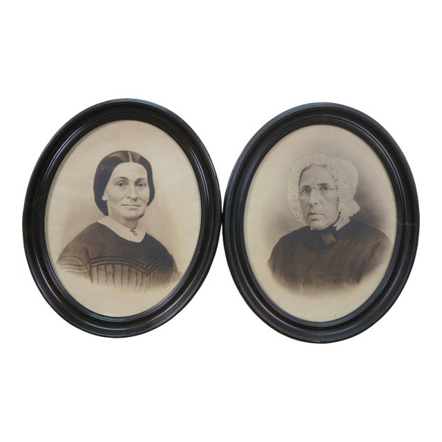 Antique Victorian Enhanced Oval Family Portraits Great Grandmother 17" - Set of 2 For Sale