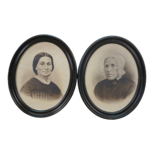 Antique Victorian Enhanced Oval Family Portraits Great Grandmother 17" - Set of 2