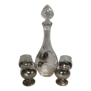 Vintage Etched a Silver Leaf Brandy/Port Decanter With 4 Ombré Brandy Glasses-Set of 5 For Sale