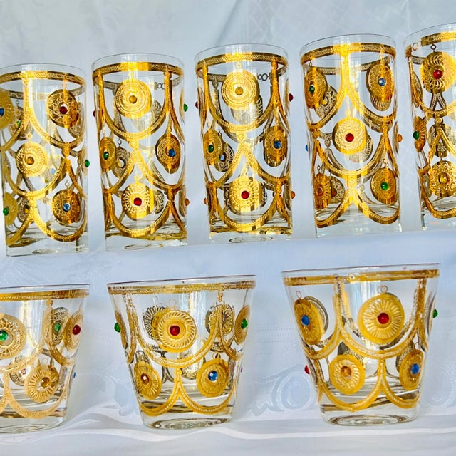 Metal Vintage Rare Mid-Century Culver Ltd. “Jeweled Ornaments” 22k Gold Glassware Set – 12 Pieces (7 Highball, 5 Whiskey) For Sale - Image 7 of 12