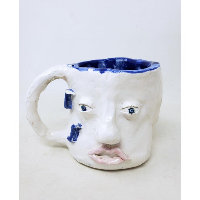 2010s Handcrafted Decorative Mug - Faces on 2 Sides - Blue Eyes and Green Eyes - Ooak For Sale - Image 13 of 18