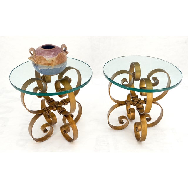 Gold Pair Italian Think 3/4" Glass Top Gold Gilt Scrolls Shape Bases End Tables Stand For Sale - Image 8 of 12