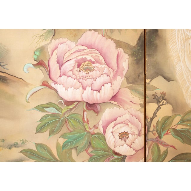 Japanese "White Peacock & Peony" by Ryumin, Large Vintage Japanese Painted Silk Byobu Screen For Sale - Image 3 of 18