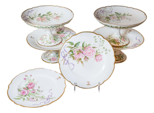 Mid 20th Century English Porcelain Compotes and Plates with Floral Décor and Gilt Trim
